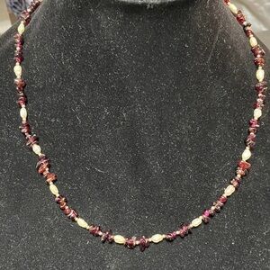 Garnet & rice Pearl beaded necklace 20”